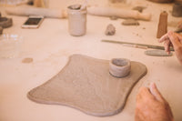 Slab-built dip and chip serving platter made in hand building course, Nambour