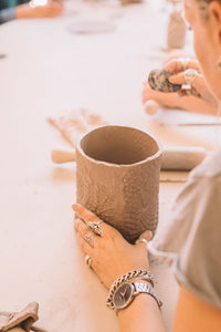 Tall hand built vase made in beginner pottery course, Nambour